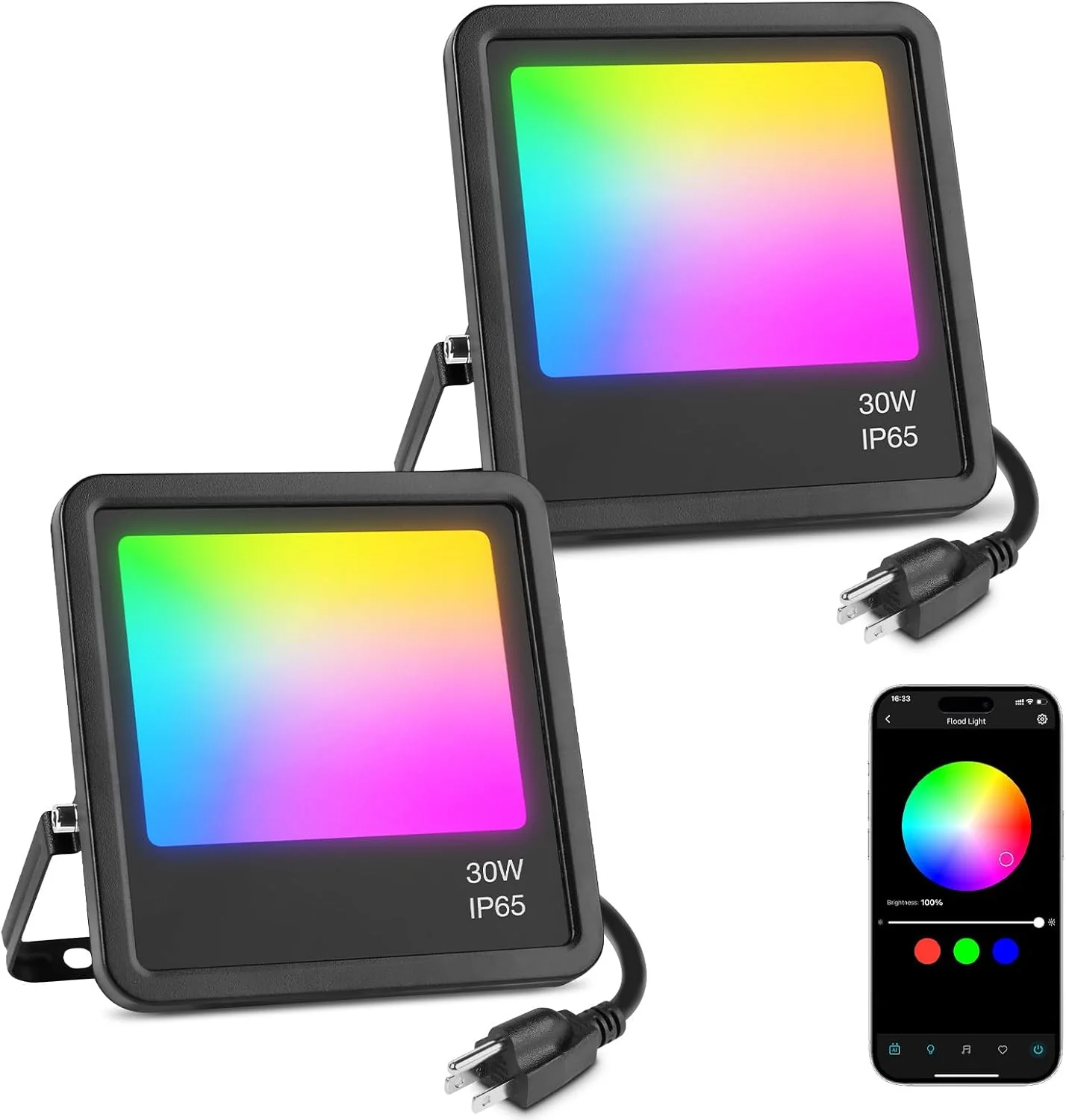 Lepro 30W Smart Flood Lights Outdoor, 2700LM RGBW Color Changing, IP65 Waterproof, 2700K Warm White & 16M Colors, App/Voice/Alexa/Google Home Control, US Plug