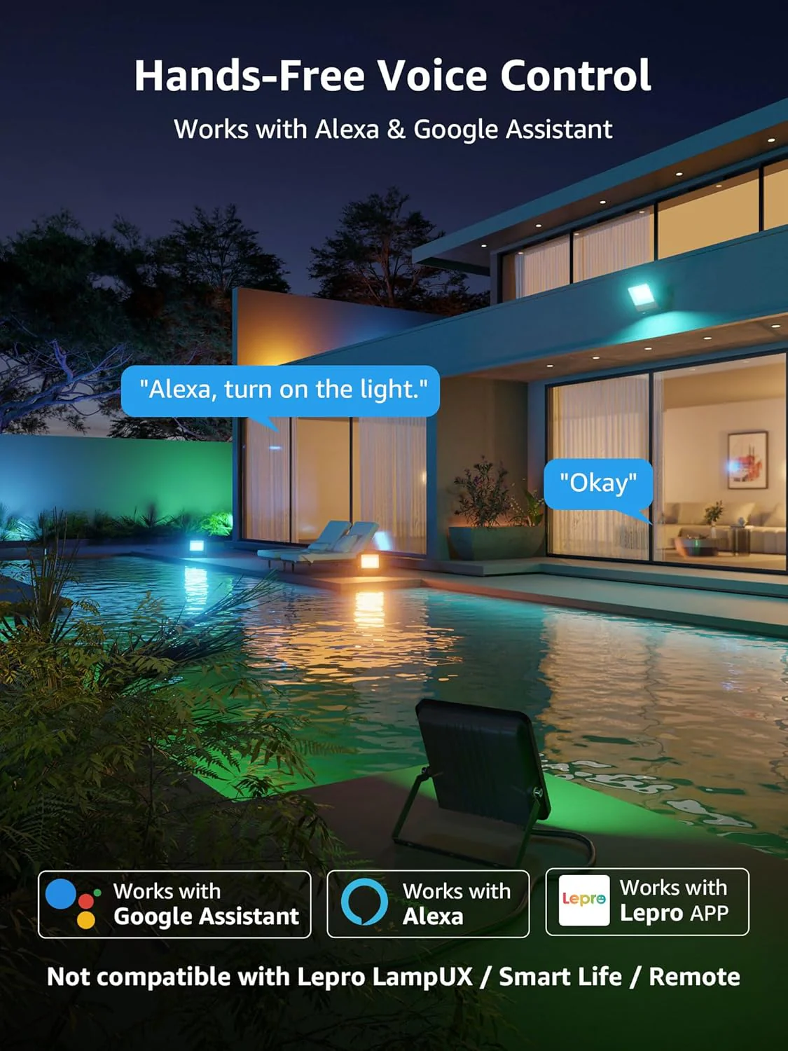 Lepro 30W Smart Flood Lights Outdoor, 2700LM RGBW Color Changing, IP65 Waterproof, 2700K Warm White & 16M Colors, App/Voice/Alexa/Google Home Control, US Plug - Image 10