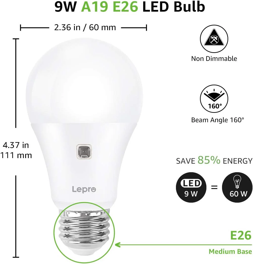 Lepro A19 Dusk to Dawn LED Light Bulb, E26 Base, 9W (60W Equivalent), 800 Lumens, 2700K Warm White, Non-Dimmable, Damp-Proof, 2-Pack - Image 7