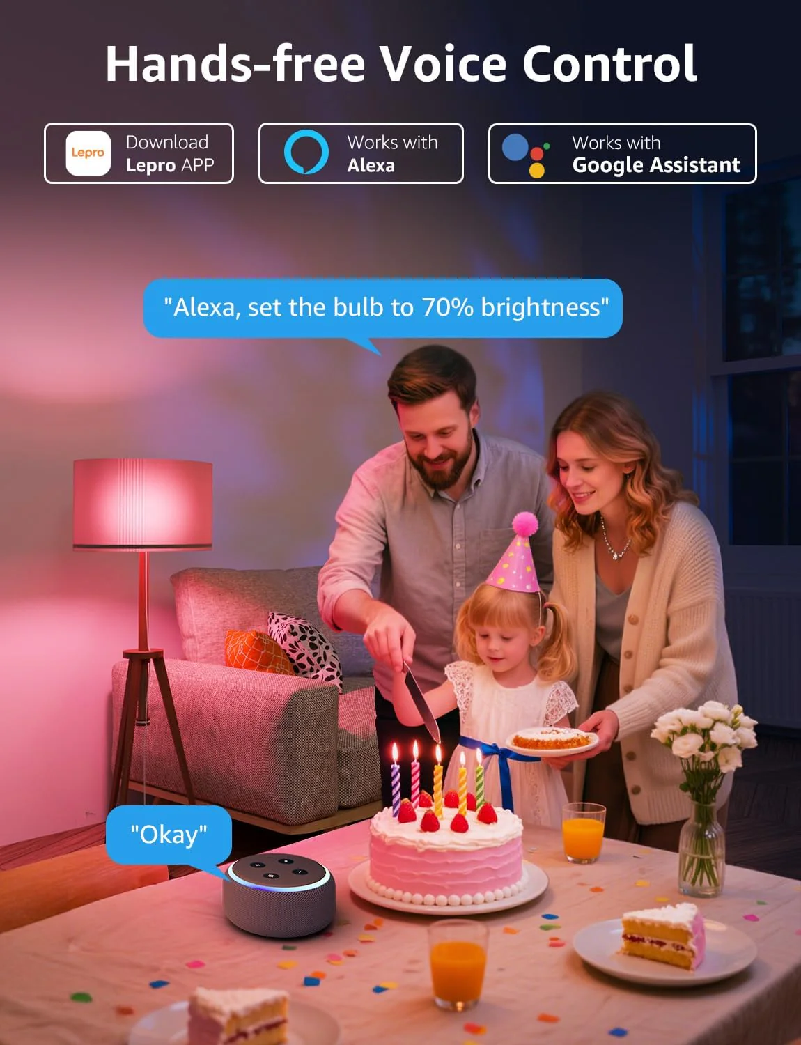 Lepro B3 AI Smart Light Bulbs - 1500LM 100W Equivalent A21 Bulb, WiFi & Bluetooth RGBWW Color Changing, Works with Alexa & Google Assistant, AI Voice Control by App, Music Sync, 2.4GHz Only - Image 3