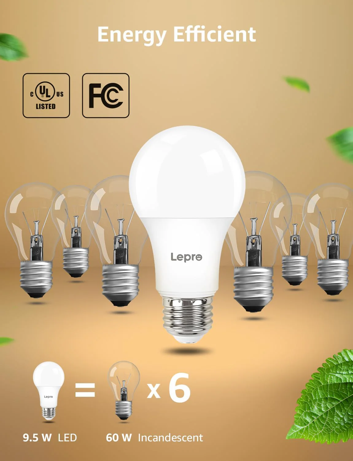 Lepro A19 Dimmable LED Light Bulbs, E26 Base, 9.5W (60W Equivalent), 800 Lumens, 2700K Warm White, UL Listed - Image 5